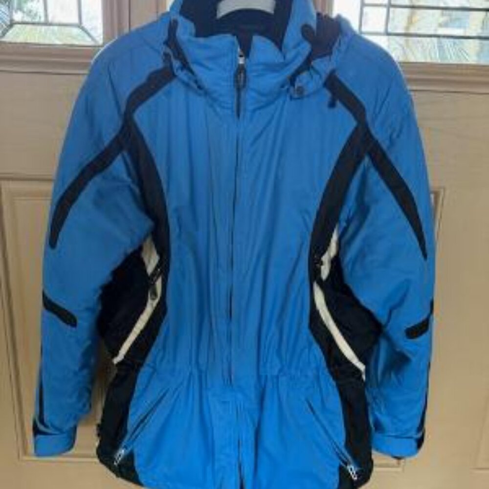 Women’s Vtg Sz 12 Vintage OBERMEYER HYDRO BLOCK GEL Hooded Blue White Ski Jacket